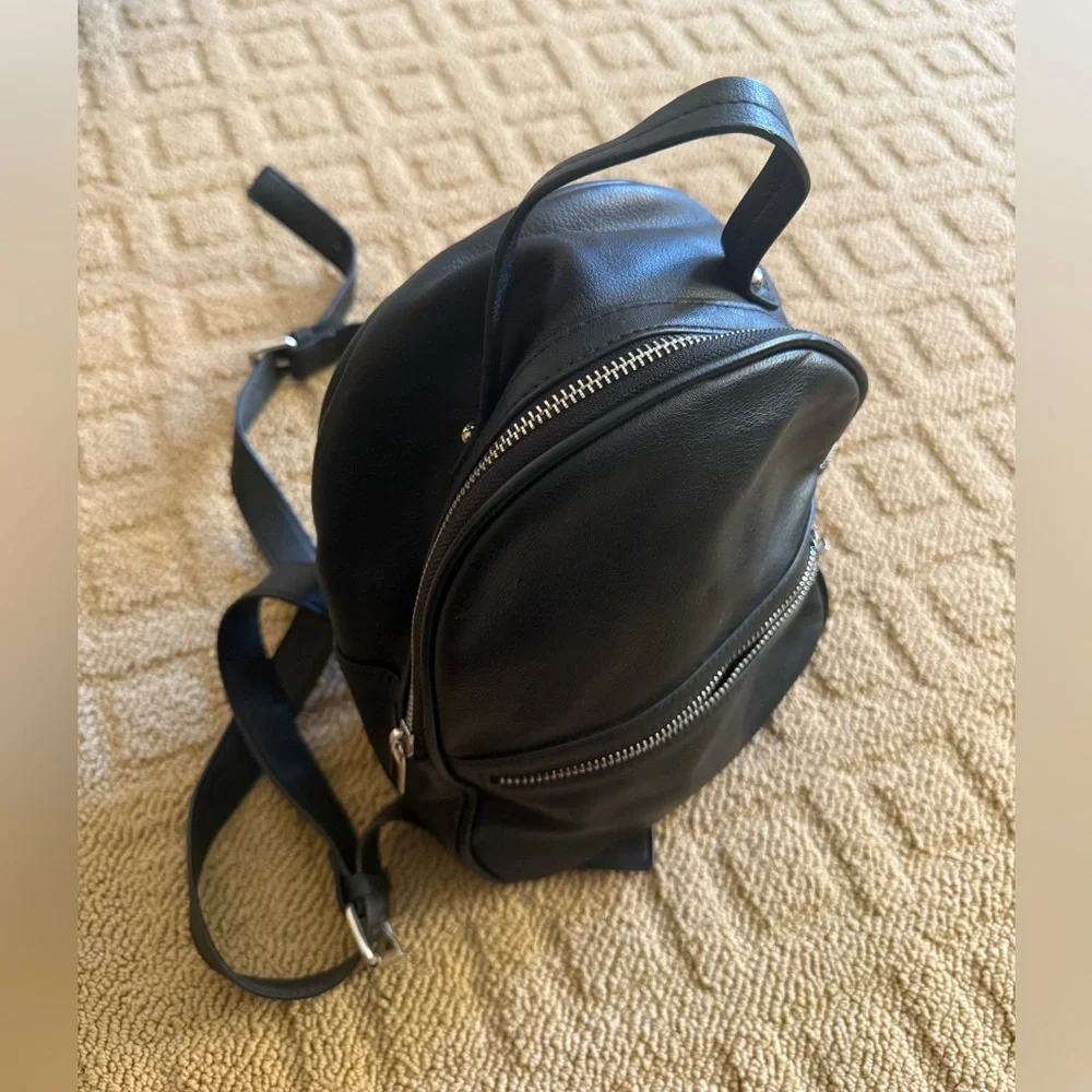 Mini Black Backpack, Faux Leather with Silver Hardware